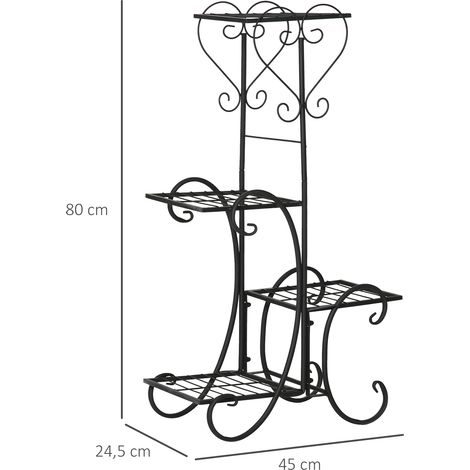 Étagère à fleurs en métal 4 niveaux Étagère pour plantes pour balcon de jardin Escalier de fleurs noir 45x24,5x80cm Décoratif & stable
