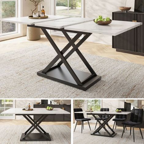 Table à manger extensible 120-160x80x75cm Table de cuisine effet marbre blanc pieds croisés métal noir Sans matelas (1/5)