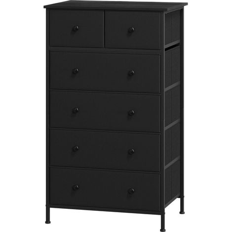 Commode 6 tiroirs en tissu noir avec poignées rondes, meuble de rangement pour chambre et salon (1/5)