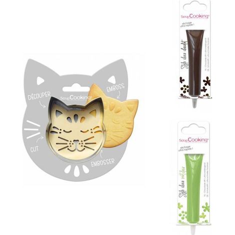 Kit pour biscuit en relief Chat + 2 Stylos au chocolat marron et vert clair