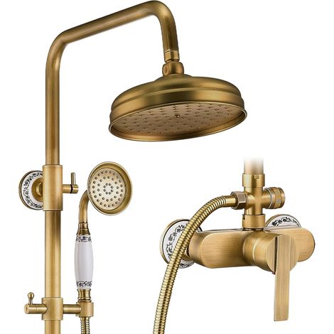 Colonne de douche, colonne de douche finition or antique, rétro Comprend une douche de tête de 20 cm et une douchette à main, réglables librement en hauteur et en angle, pour montage mural (1/5)