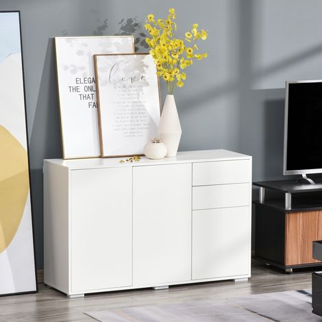 Credenza, cassettiera, mobile con 2 cassetti, chiusura push-click, 117 cm x 36 cm x 74 cm, bianco