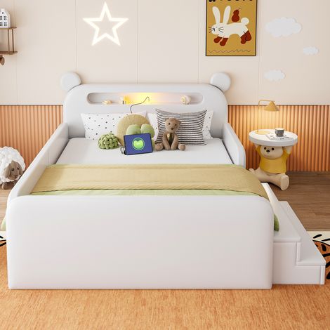 140 x 200 cm Kinder-Polsterbett mit Bären-Kopfteil, Nachtlicht, USB-Ladeanschluss, integriertem Stauraum und Stufensitz – sicher und praktisch, geeignet für Jungen und Mädchen, Kunstlederbezug, Weiß (1/5)