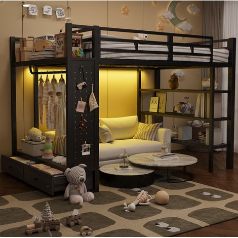 Cama alta 140x200 cm de metal negro con armario abierto, estantes, panel perforado y LED