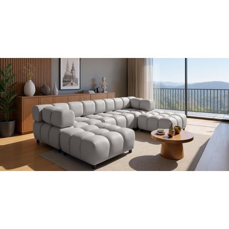 Sofa Designersofa FLOW 3-Sitzer inkl. 2 x Polsterhocker Stoff Bluvel Silbergrau