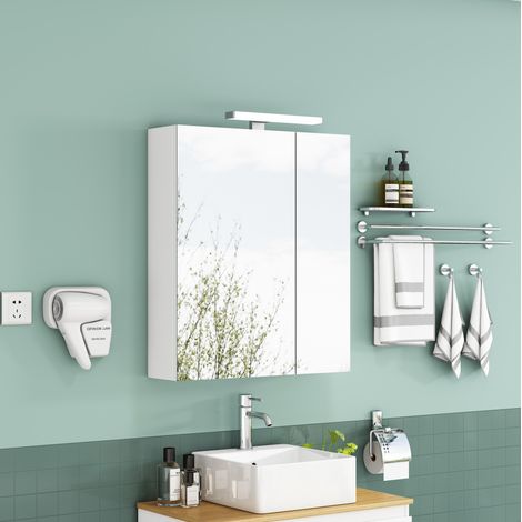 Armadietto bagno a specchio LED 60 cm con presa francese, 2 ante asimmetriche, bianco (1/5)