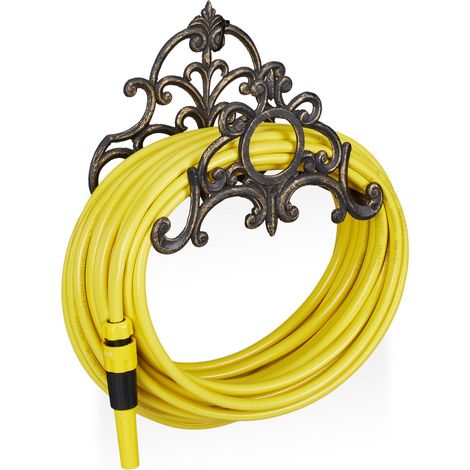 Relaxdays Antique Hose Holder, Cast Iron, Vintage Look, Wall-Mounted, HxWxD: 24 x 31.5 x 15 cm, Garden Hose Hanger, Bronze