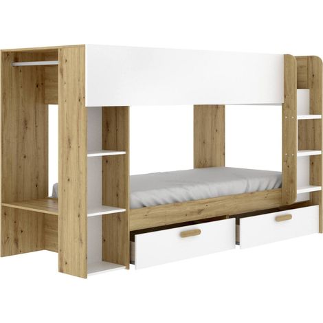 Dmora - Composizione camera da letto Keli, Stanza da letto completa, Cameretta per bambini, Set per arredo a ponte, 245x110 h150 cm, Bianco e Rovere Nodi