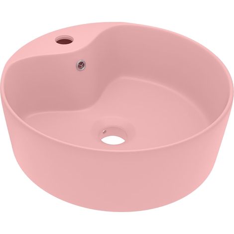 Vasque à poser ronde lavabo de salle de bain en céramique avec trop-plein rose mat 36 x 13 cm (1/5)