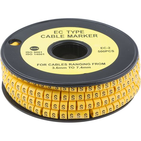 Repère câble , Ø câble 3.6  7.4mm, texte : S, Noir sur Jaune ( Prix pour Bobine de 500 )