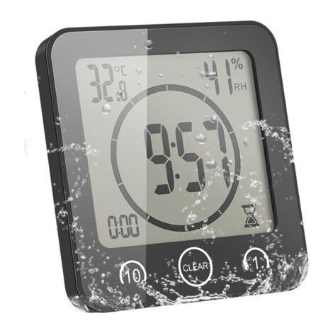 Horloge multifonction étanche avec minuteur, thermomètre et hygromètre fixation par ventouse, convient aux salles de bains et aux cuisines grand écran LCD. (1/5)