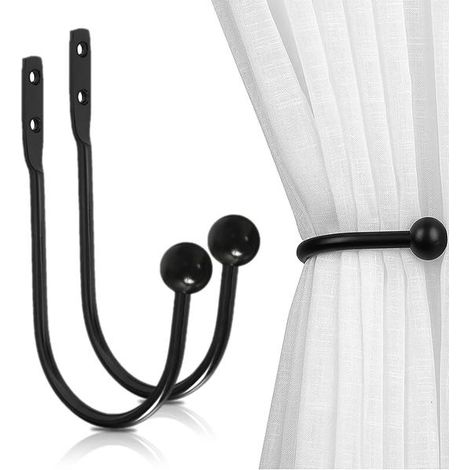 Support de rideau, lot de 2 attaches avec vis, fixation murale, accessoires pour rideaux de douche et de fenêtre, noir (1/5)