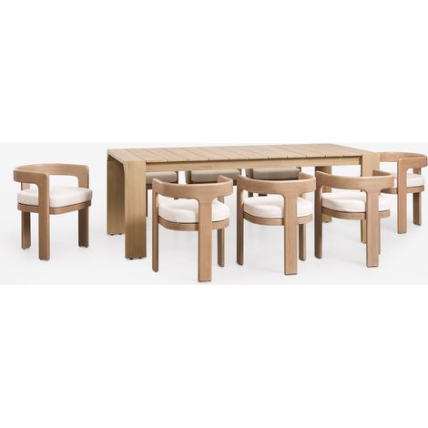 SKLUM Set aus rechteckigem Tisch 220x100 cm aus Akazienholz Mirelen und 8 Gartenstühlen aus Akazienholz und Bouclé-Stoff Kandroa              Helles Akazienbraun                     