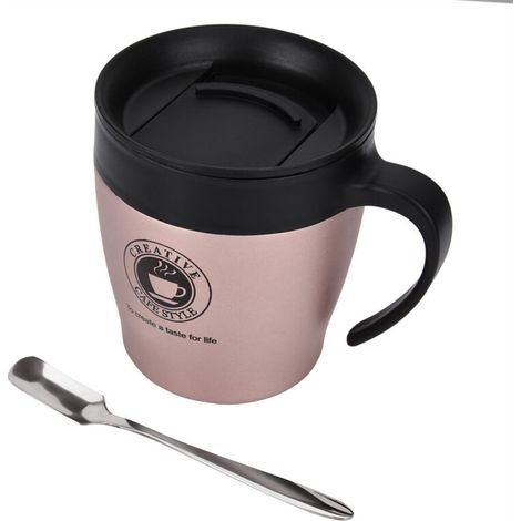 Tazza termica in acciaio inox Fdit con cucchiaino e coperchio, ideale per viaggi e ufficio, con isolamento termico sottovuoto, perfetta per la casa (rosso oro) (1/5)