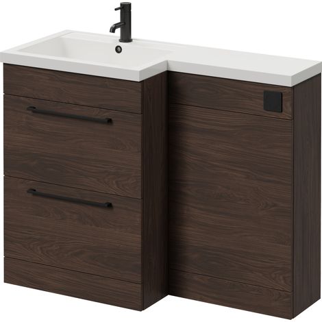 Napoli 460 Brown Oak 1100mm 2 Drawer Vanity Unit Toilet Suite with Left Hand Square Lucia Basin - 1100mm - Matt Black 320mm HandleWithout Kingston Toilet Pan