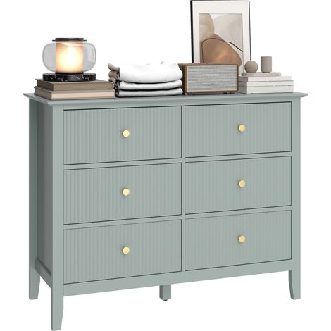 HOMCOM Fluted Chest of Drawers 6 Drawer Dresser for Bedroom Hallway Green