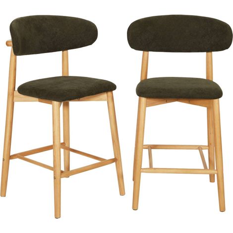 Lot de 2 tabourets de bar en bois d'hévéa naturel et tissu chenille - Paola Naturel / Kaki (1/5)