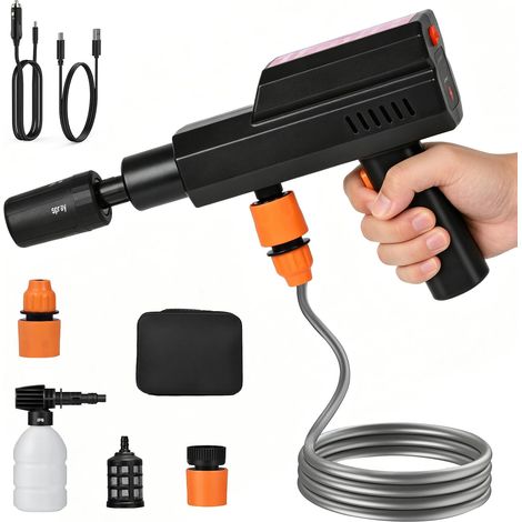 Nettoyeur Haute Pression sans Fil 12000mAh, 4 Niveaux de Pressio Charge USB-C et 12V Voiture, Buse 5 en 1, Tuyau 5m, Réservoir à Mousse, Mallette de Transport, pour Auto, Jardin, Vélo (1/5)