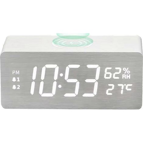 Horloge calendrier LED multifonctionnelle à chargement rapide 15W, en bois, avec affichage sans fil de la température et de l'humidité, cadeau étudiant blanc. (1/5)