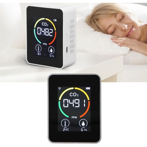 Weißer Infrarot-CO2-Detektor mit WLAN zur Echtzeit-Anzeige von CO2, Temperatur, Luftfeuchtigkeit und Luftqualität auf Mobiltelefonen. (1/5)