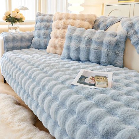 Housse de canapé peluche lapin bleu brumeux, 90×210cm, 3 places, antidérapant (1/5)