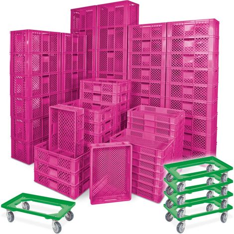 BRB 78 Stück Stapelkörbe/Bäckerkästen in 5 Größen, Grundmaß LxB 600x400 mm, H 90 mm, 150 mm, 240 mm, 320 mm, 410 mm, + 5x Transportroller grün (pink)