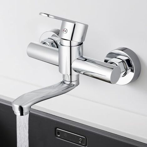 Wasserhahn Wandmontage, 360° Drehbare Edelstahl Wasserhahn Küche Wandarmatur, Kalt und Heiß Einhebelmischer Küchenarmatur Wandmontage, Mischbatterie Küche für Wandmontage, Schwenkarm 15cm, Chrom