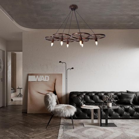 Retro Wagenrad Hängelampe Metall Kronleuchter 6 Rad Wohnzimmer Deckenleuchte Pendelleuchte E27 Lampenhalter Lampe Licht EU-Stecker Keine Glühbirne