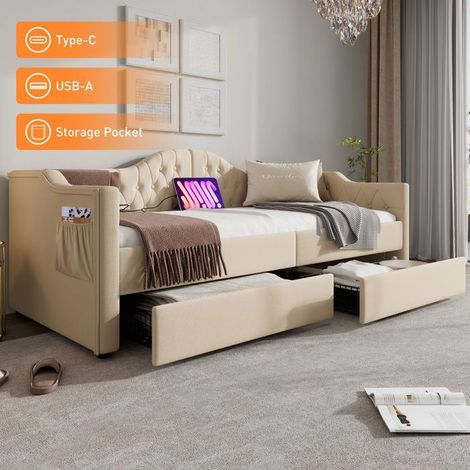 Lit une personne 90x200cm, Lit rembourré velours beige, tête de lit vintage, 2 tiroirs, fonction charge USB Type C (1/5)