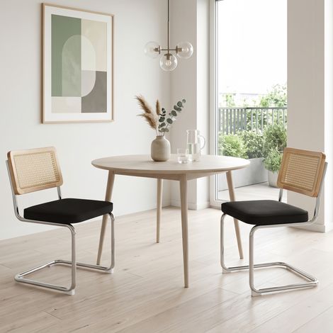 Lot de 2 Chaises Velours Design Mid-Century - Dossier Cannage rotin, Assise Rembourré et Base en Métal Chromé - Noir (1/5)