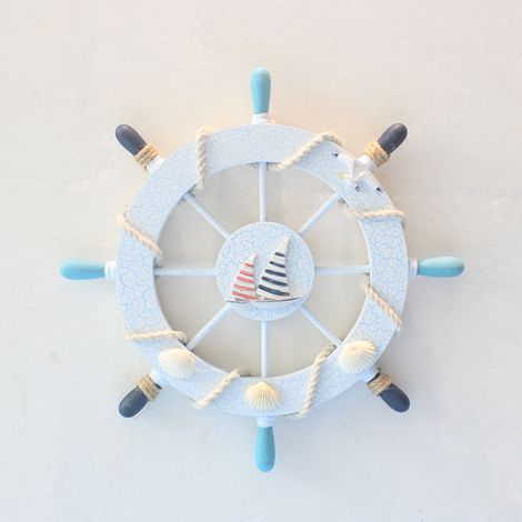 Statues et autres décorations - Roue de bateau en bois de 28 cm - Décoration murale sur le thème de la plage - Décoration intérieure (blanc et bleu clair) - 1 pièce (1/5)