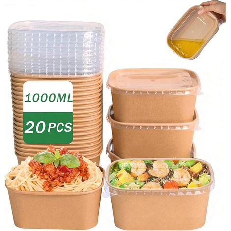 20 Pièces Boîtes à Salade En Papier Kraft 1000ml, Boîtes à Emporter Réutilisables Barquette Carton, Imperméables Et Oléofuges Avec Couvercle, pour Plats à Emporter, Salade Fitness Et Voyage
