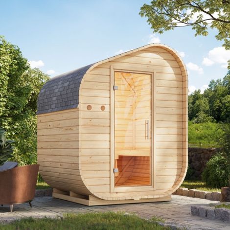 Sauna Exterieur Tonneau 2-4 Places Epicea Nordique 38mm Porte Verre Poêle 9kW Karibu (1/5)