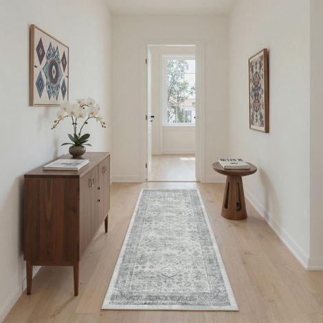 Tapis Salon Vintage Entree 80x150cm Lavable en Machine AntidéRapant Poil Ras, pour Chambre Salle a Manger Descente de Lit Bureau, Cuisine, Gris Patiné (1/5)