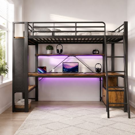 Lit mezzanine 227x95x180 cm en métal et MDF noir avec bureau, gain de place, sans matelas – MEUBLIV (1/5)