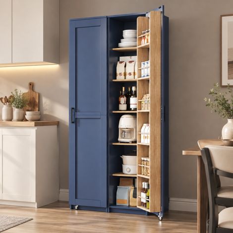 Armoire haute de cuisine bleue en MDF avec étagères réglables, 40 x 40 x 183 cm (1/5)