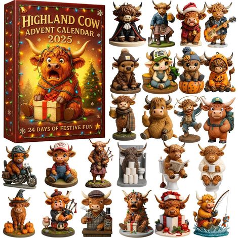 Calendrier de l'Avent 2025 Vache Highland – Compte à rebours de Noël de 24 jours avec figurines de vache en acrylique 2D, ornements d'arbre de vacances, cadeau pour enfants et adultes