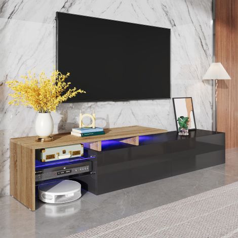 Meuble TV LED 170x33x33.5cm – 16 couleurs – 2 tiroirs et 2 compartiments – Surface brillante – Panneau de particules blanc et bois (1/5)