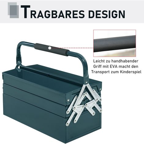 Coffre à outils en acier SPCC robuste, vide et gain de place, 5 compartiments à charnières, vert foncé, 45 x 20 x 34,5 cm