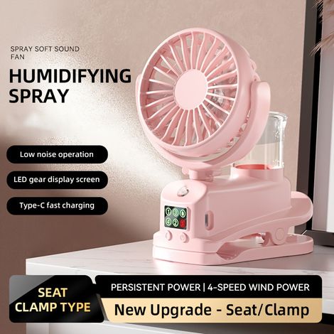 Ventilateur brumisateur à pince rechargeable USB, compatible avec 4 vitesses rotation 360° écran LED silencieux pour bureau chambre camping voyage (1/5)