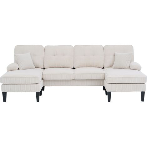 ELVMI Sofá Panorámico en U de 4 Plazas con Doble Chaise Longue, USB y Type-C, Bolsillos Laterales, en Pana Beige (1/5)