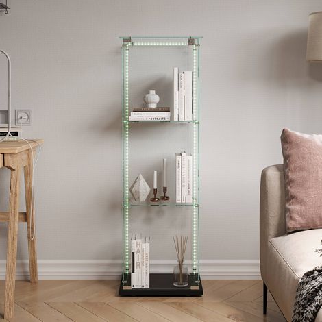 Vitrine en verre - 1 portes - 4 niveaux - Lumière LED - plaque de fond - 40x35x123cm - noir (1/5)