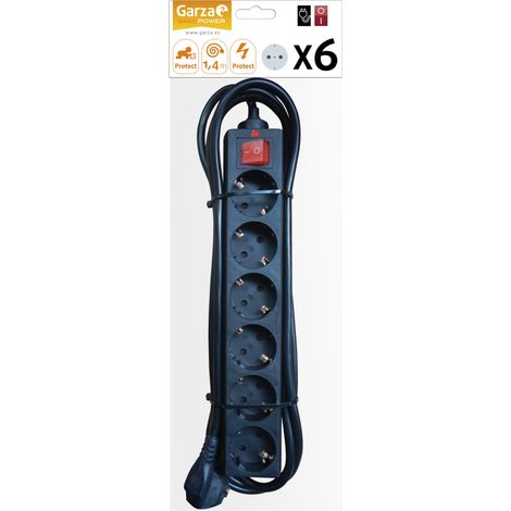 Garza Basic Power - Regleta Base múltiple con 6 tomas, interruptor y protección sobretensión Negro 1.5mmX1.5m (1/2)