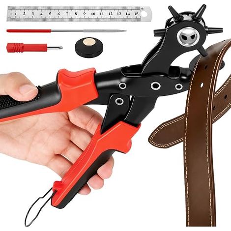Pince perforatrice pour cuir avec 6 tailles de trous 2-2,5-3-3,5-4-4,5 mm en acier au carbone avec règle et tige de ponçage pour bracelets de montres, sacs, portefeuilles, vêtements (1/5)