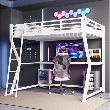 Bett Hochbett Schreibtisch 90x200 Metall Weiß OKMYHOME (1/5)