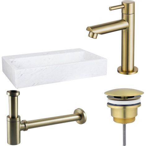 Fortifura Fuente Pack Lave-mains - 38x24x8cmcm - 1 trou de robinet - marbre - robinet Laiton brossé - Blanc