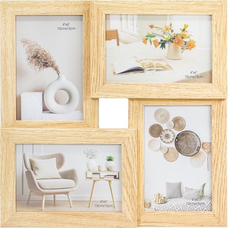 Cadre photo, cadre en bois MDF robuste, cadres photo multiples, cadre photo mural, décorations murales, cadre 10 x 15 cm x 4 pièces (bois clair) (1/5)