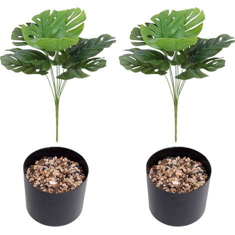 (9 Köpfe mit grünem Rand 2 Sträuße + 2 Blumentöpfe) 9 künstliche Monstera-Pflanzen mit Blättern, künstlichen Blüten und Blumentöpfen zur Wohnzimmerdekoration (Inhalt: 2 Sträuße grüner Pflanzen + 2 Bl (1/3)