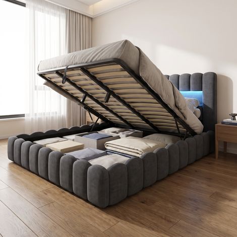 Lit coffre 180x200 cm avec sommier, lit double King Size avec éclairage LED et USB, lit adulte capitonné en lin, moderne, Gris foncé