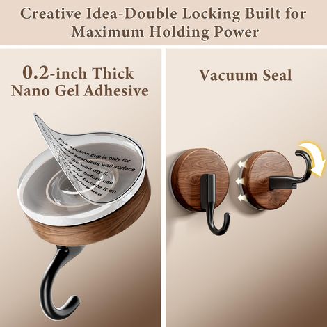 Crochets à ventouse - Ventouse et ruban adhésif à double verrouillage, crochets amovibles sans dommage pour surfaces lisses, utilisation dans la salle de bain et la cuisine (crochet incurvé, 2 pièces) (1/5)